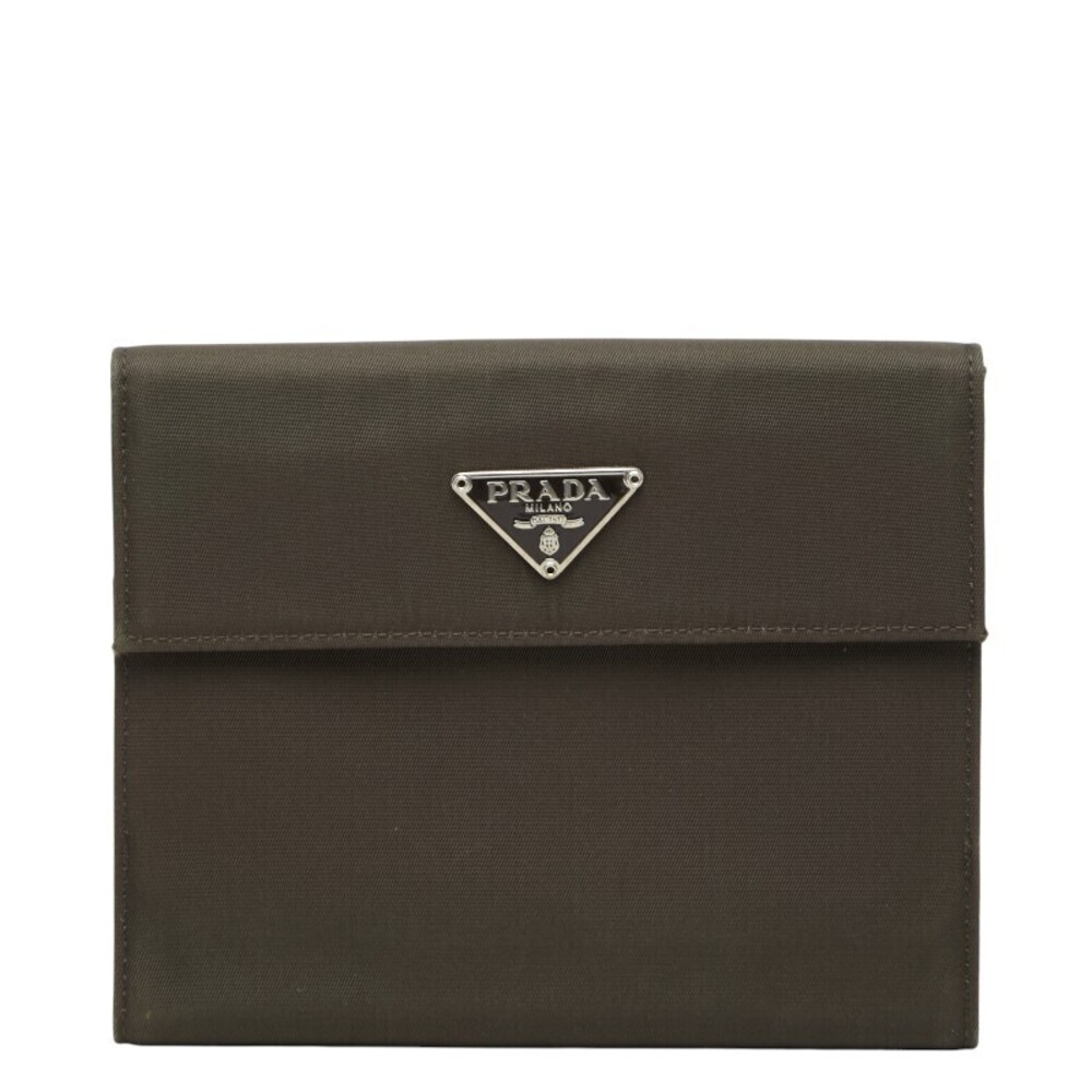 Prada Triangle Plate Bi fold Wallet Khaki Green Leather